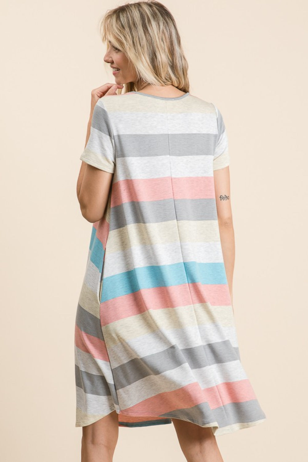 BOMBOM Striped Short Sleeve Dress with Pockets | Daverri Fashions
