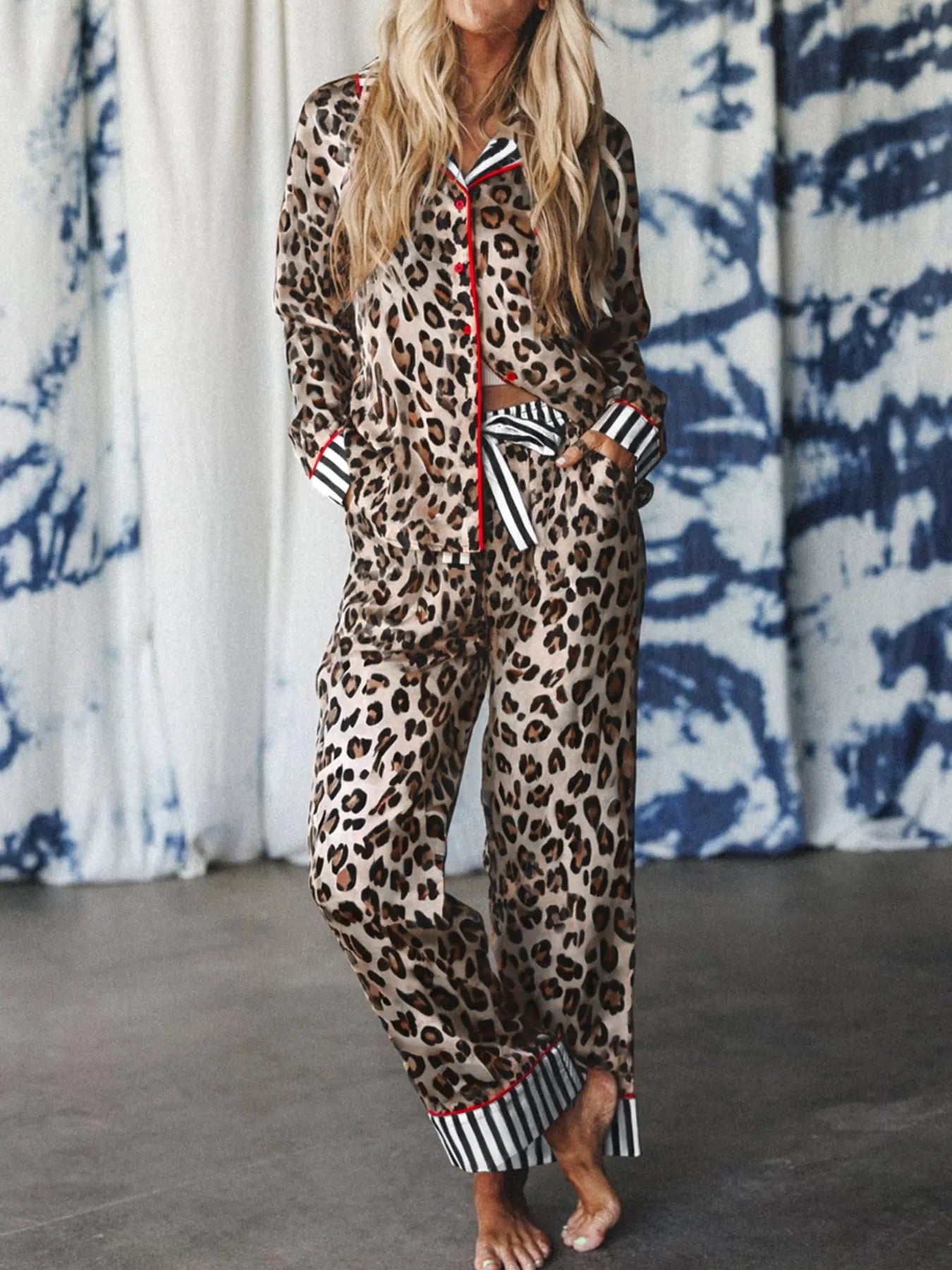Leopard and Striped Trim Shirt and Pants Set | Loungewear Sets Daverri Fashions