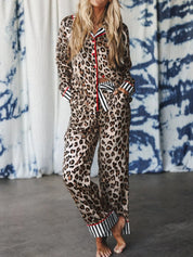 Leopard and Striped Trim Shirt and Pants Set | Loungewear Sets Daverri Fashions