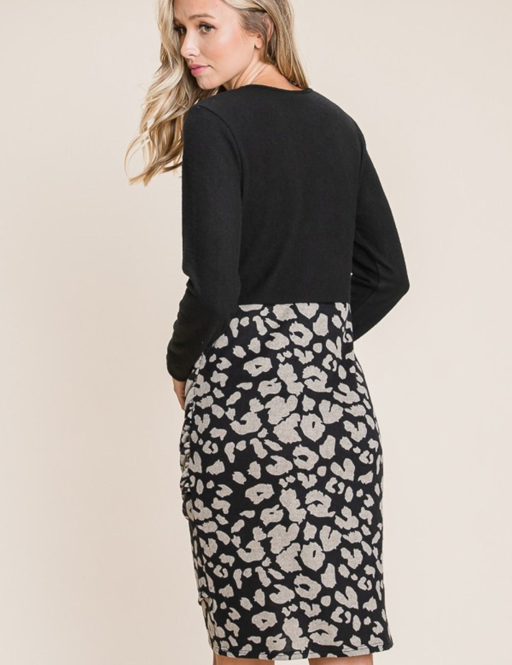 BOMBOM Leopard Color Block Knit Dress | Daverri Fashions