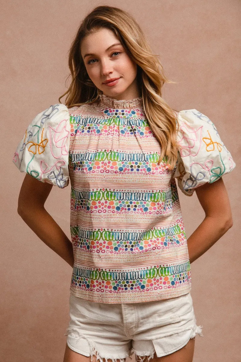 BiBi Ruffle Neckline Blouse With Embroidery Bubble Sleeve | Daverri Fashions