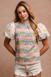 BiBi Ruffle Neckline Blouse With Embroidery Bubble Sleeve | Daverri Fashions