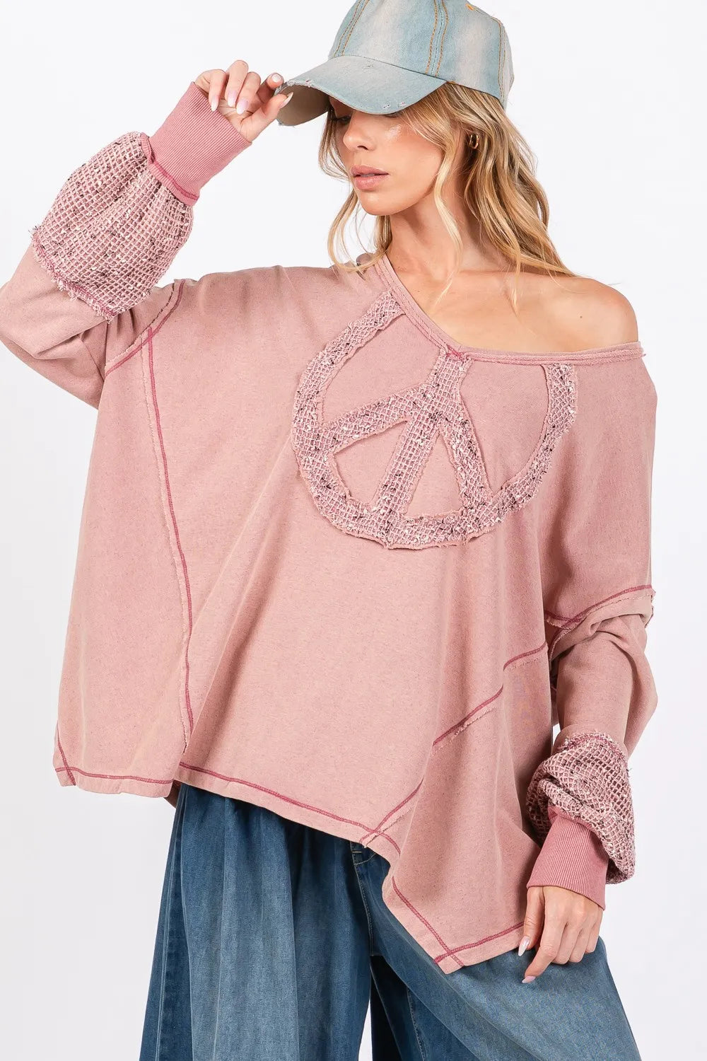 SAGE + FIG Peace Sign Mineral Wash Terry Top | Tops Daverri Fashions