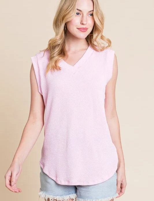 PINK BOMBOM Rib Knit V-Neck Tank | Daverri Fashions