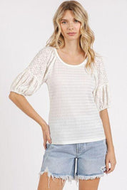 Mittoshop Mixed Media Textured Knit Popcorn Puff Sleeve Blouse | Blouses Daverri Fashions