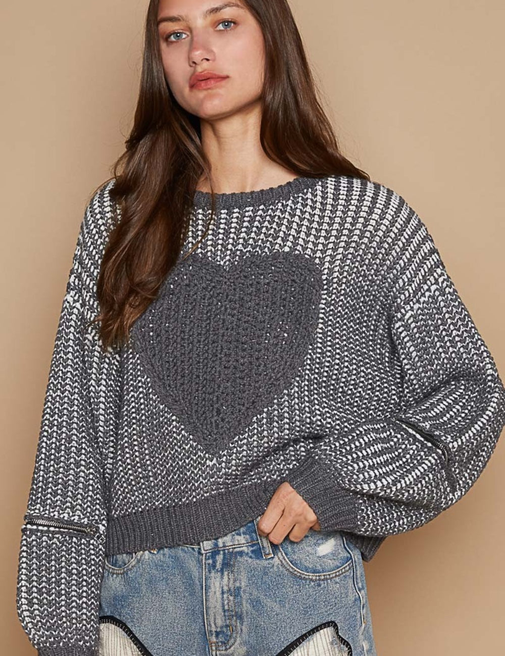 Charcoal L POL Round Neck Heart Patch Zipper Point Sleeve Sweater L | Sweaters Daverri Fashions