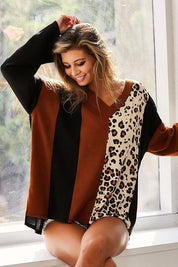 BiBi Brushed Thermal Color Block Top With Leopard | Tops Daverri Fashions