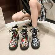 Red Graffiti Print Combat Boots with Colorful Street Art Design | Boots Daverri Fashions