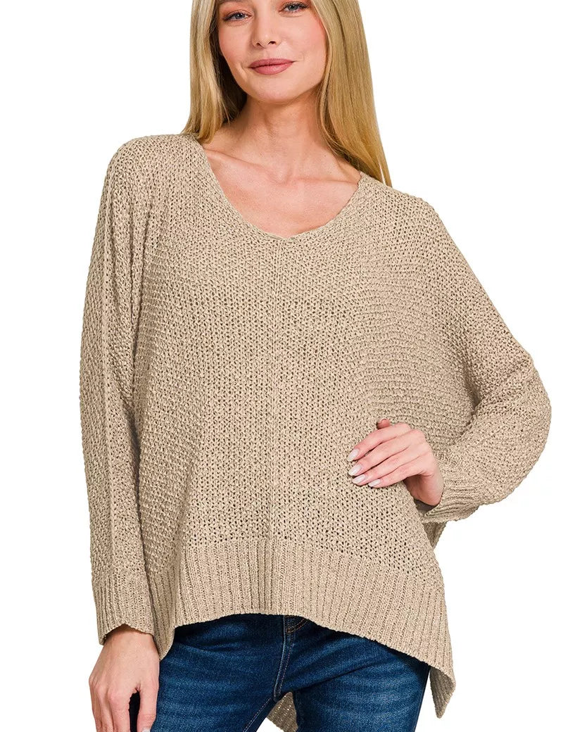LT MOCHA Zenana Dolman Sleeve V-Neck Sweater | Daverri Fashions