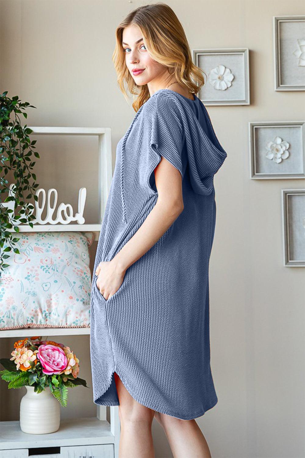 Heimish Full Size Ribbed Short Sleeve Hooded Dress | Daverri Fashions