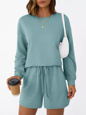 Round Neck Long Sleeve Top and Shorts Set | Loungewear Sets Daverri Fashions