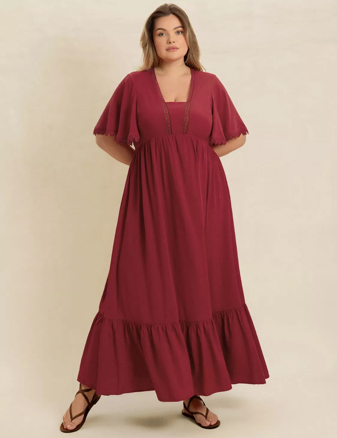 Plus Size Lace Detail Flutter Sleeve Maxi Dress | Maxi Dresses Daverri Fashions