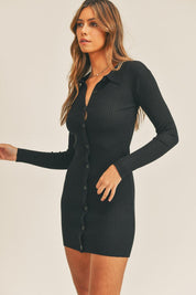 Black Mable Button Up Ribbed Mini Shirt Dress | Daverri Fashions