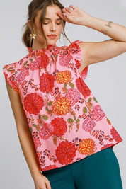 Umgee Full Size Floral Print Ruffled Cap Sleeve Blouse Plus Size | Blouses Daverri Fashions