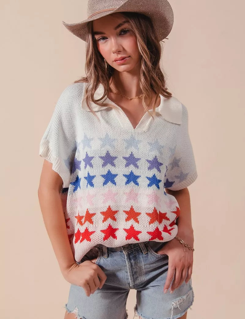 SO ME Fourth Of July Stars Loose Fit Knit Top | Sweaters Daverri Fashions