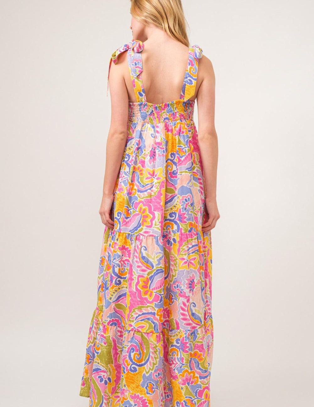 And The Why Full Size Printed Tie Shoulder Tiered Maxi Dress | Daverri Fashions