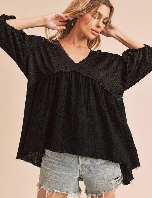 Black M Aemi + Co High-Low Frayed Hem V-Neck Blouse | Blouses Daverri Fashions