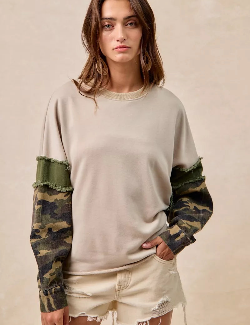 TAUPE OLIVE BiBi Camo Sleeve French Terry Top with Frayed Edge | Daverri Fashions