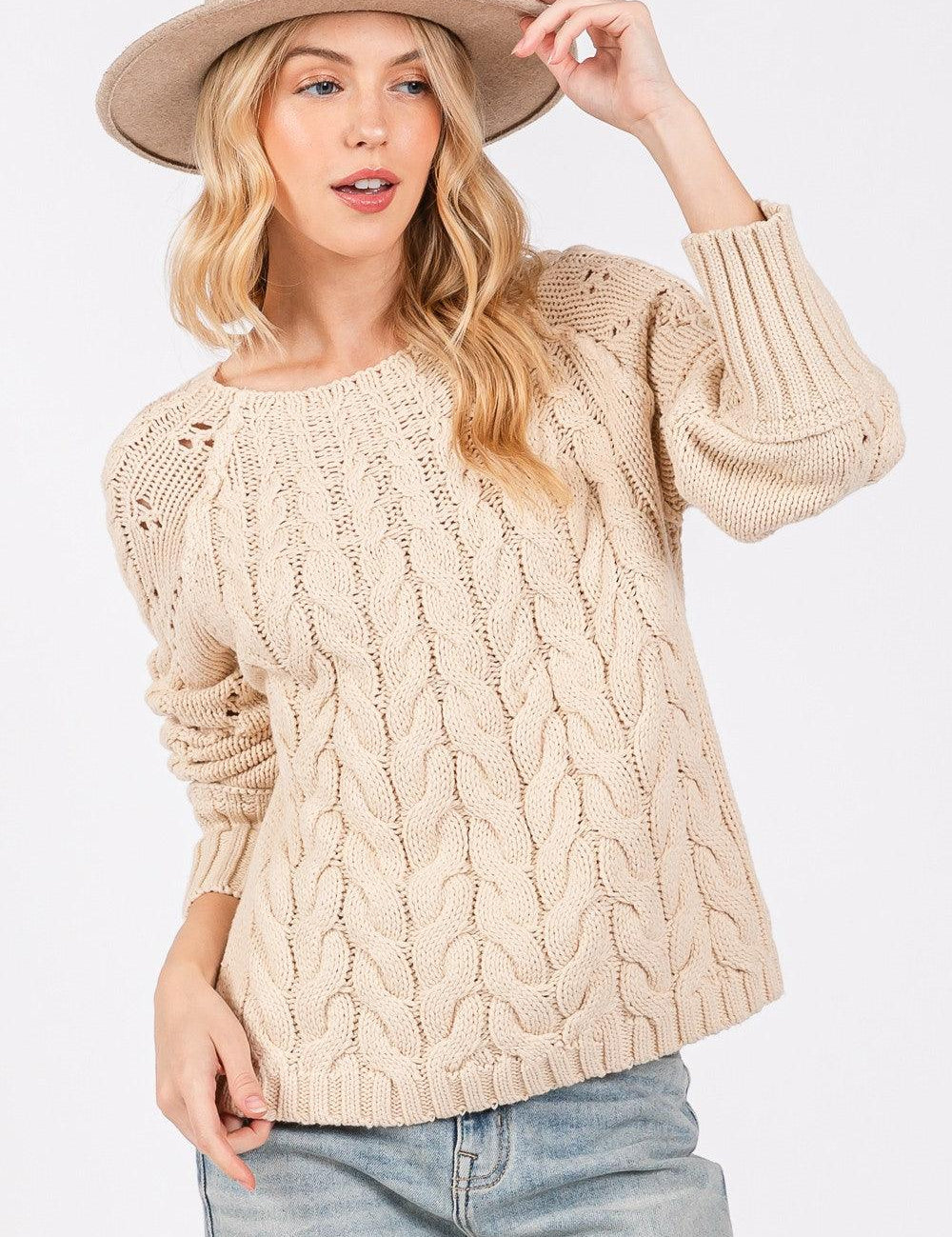 Natural L SAGE + FIG Cable-Knit Long Sleeve Sweater Natural | Sweaters Daverri Fashions