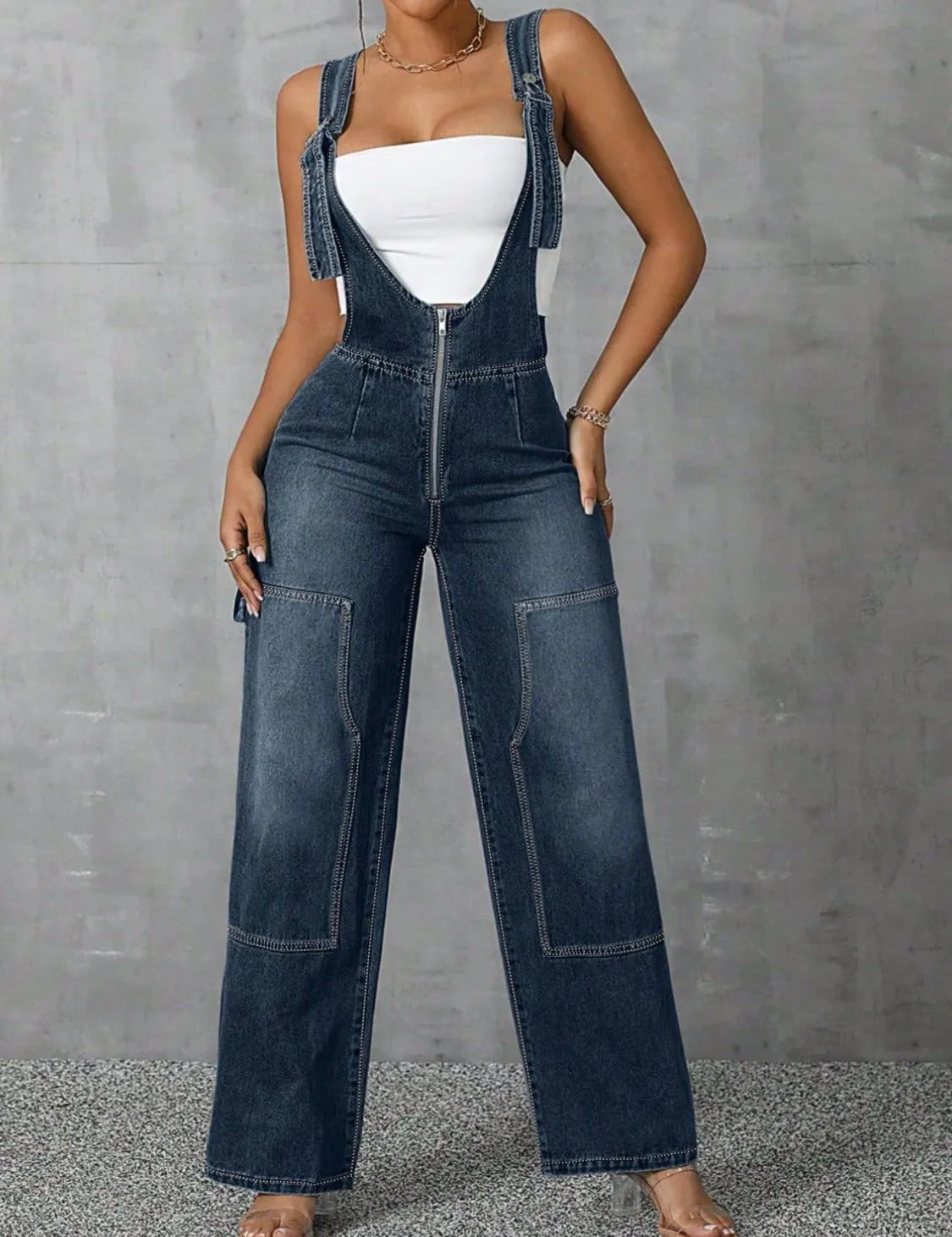 Medium Zip Front Wide Strap Denim Overalls | Jumpsuits Daverri Fashions