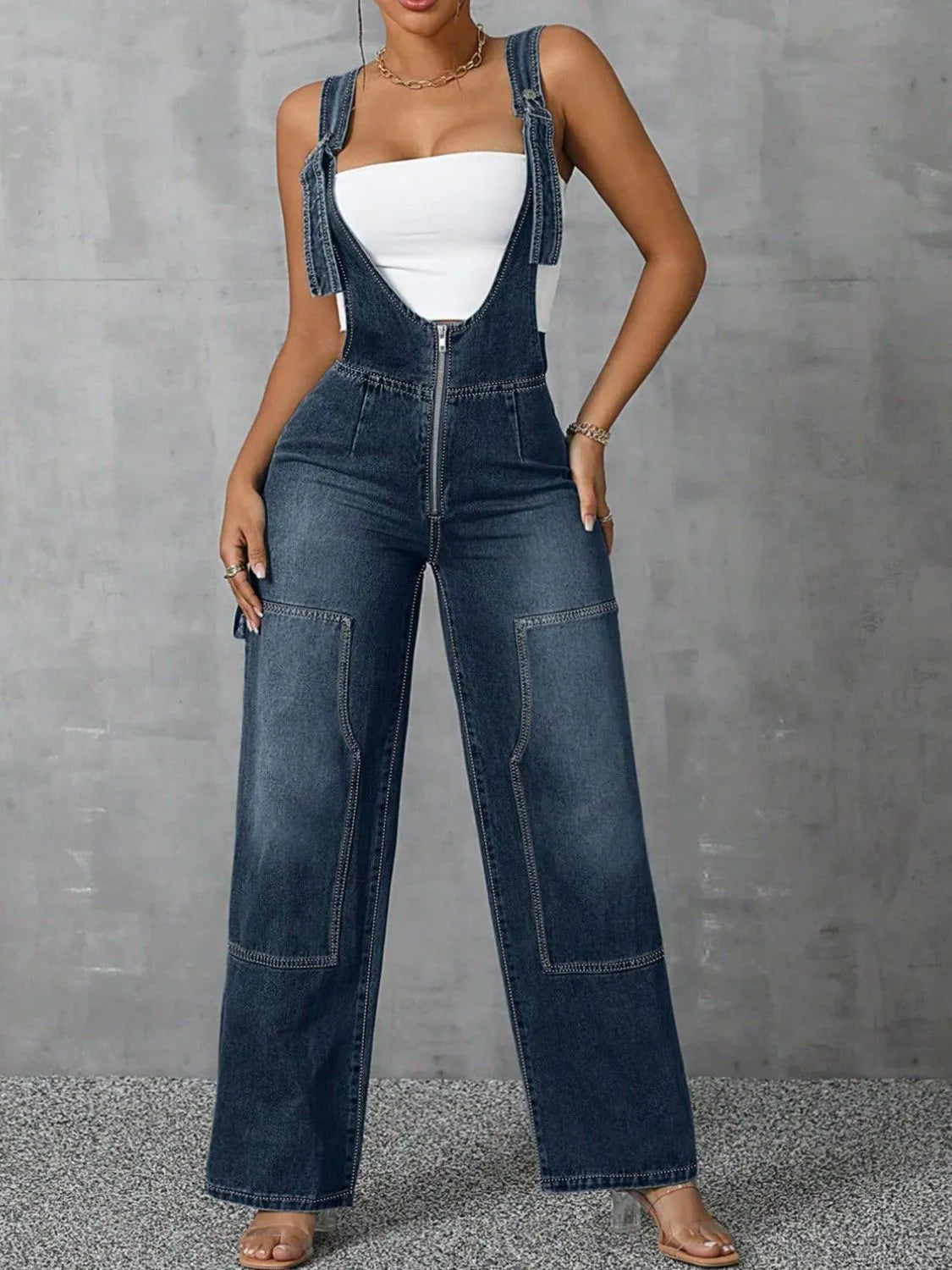 Medium Zip Front Wide Strap Denim Overalls | Jumpsuits Daverri Fashions