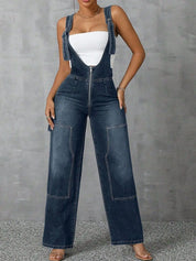 Medium Zip Front Wide Strap Denim Overalls | Jumpsuits Daverri Fashions