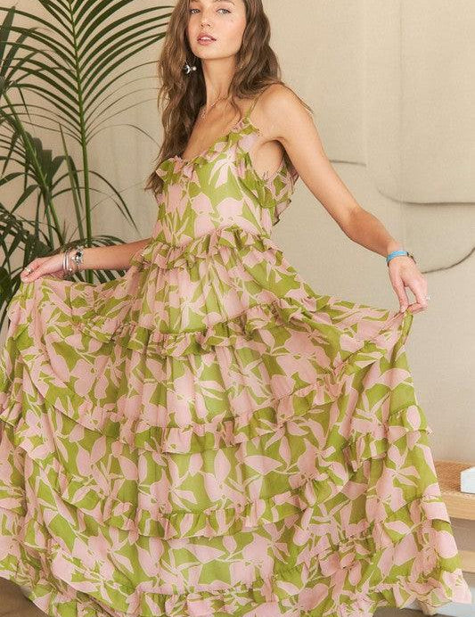 MAUVE SAGE COMBO ADORA Ruffled Tiered Scoop Neck Cami Dress | Daverri Fashions