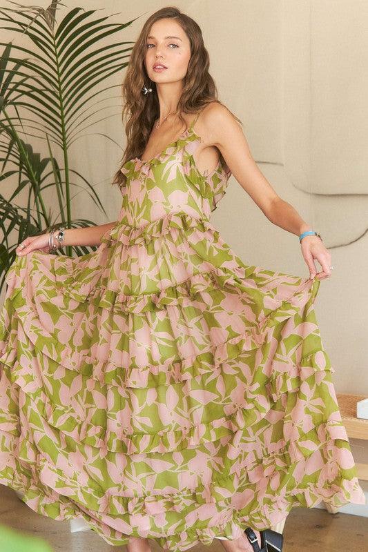 MAUVE SAGE COMBO ADORA Ruffled Tiered Scoop Neck Cami Dress | Daverri Fashions
