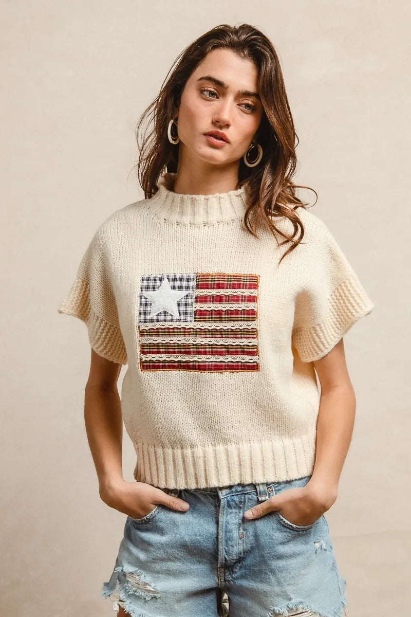 BiBi American Flag Patchwork Drop Shoulder Sweater | Sweaters Daverri Fashions