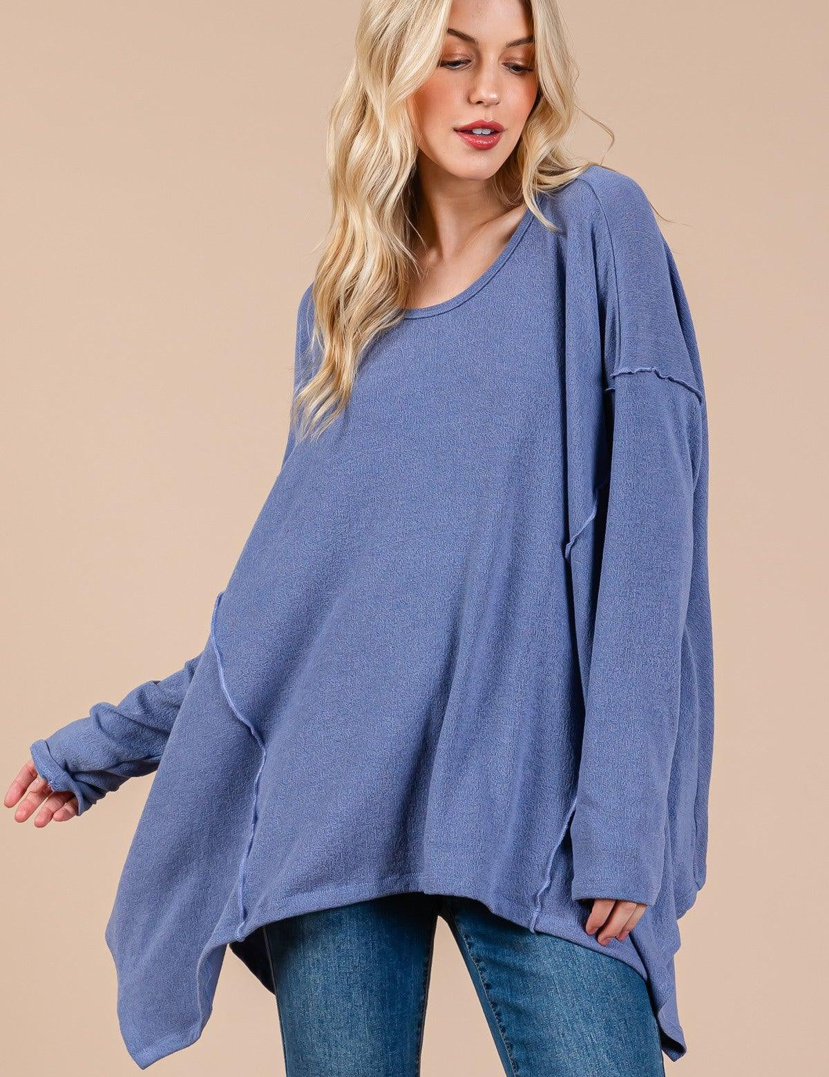 Dusty Blue Ces Femme Asymmetrical Long Sleeve top | Tops Daverri Fashions