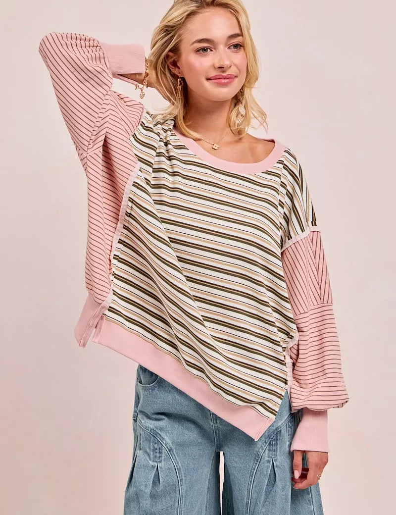 BiBi Stripe Mixed Top With Cut Edge And Reverse Outseam | Sweatshirts Daverri Fashions
