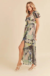 Aemi + Co Lace Detail Slit Geometric Print Short Sleeve Maxi Dress | Daverri Fashions