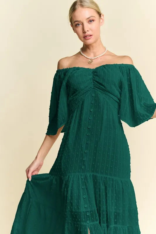 Davi & Dani Swiss Dotted Ruched Ruffle Open Back Midi Dress | Midi Dresses Daverri Fashions
