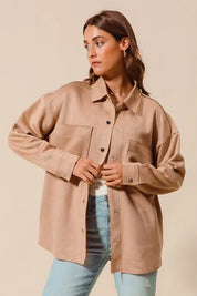 CAMEL SO ME Faux Sued Snap Shacket with Collar and Pockets | Daverri Fashions