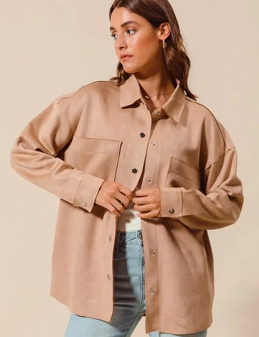 CAMEL SO ME Faux Sued Snap Shacket with Collar and Pockets | Daverri Fashions