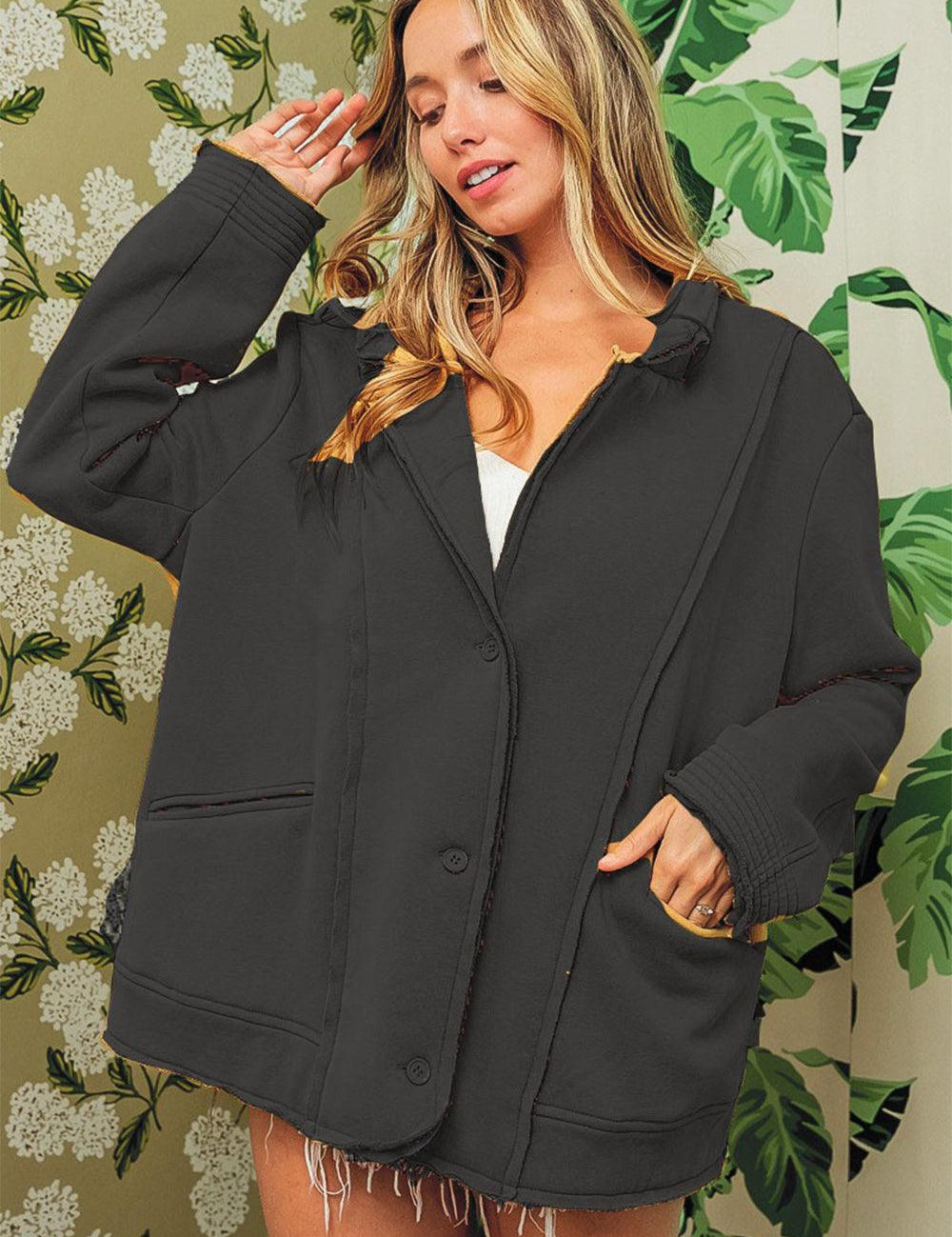 Black Charcoal BiBi Single-Breasted Washed Fleece Jacket | Daverri Fashions