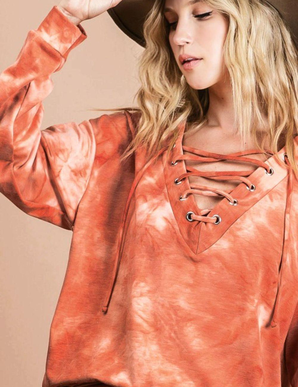 MARSALA BiBi Lace-Up Tie-Dye French Terry Long Sleeve Top | Tops Daverri Fashions