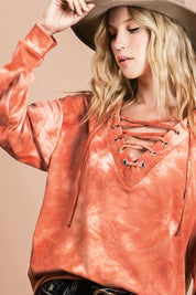 MARSALA BiBi Lace-Up Tie-Dye French Terry Long Sleeve Top | Tops Daverri Fashions