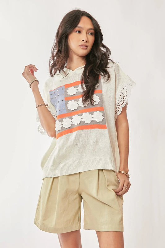 Davi & Dani American Flag Loose Fit Lace Sleeve Hoodie Top - DAVERRI FASHIONS