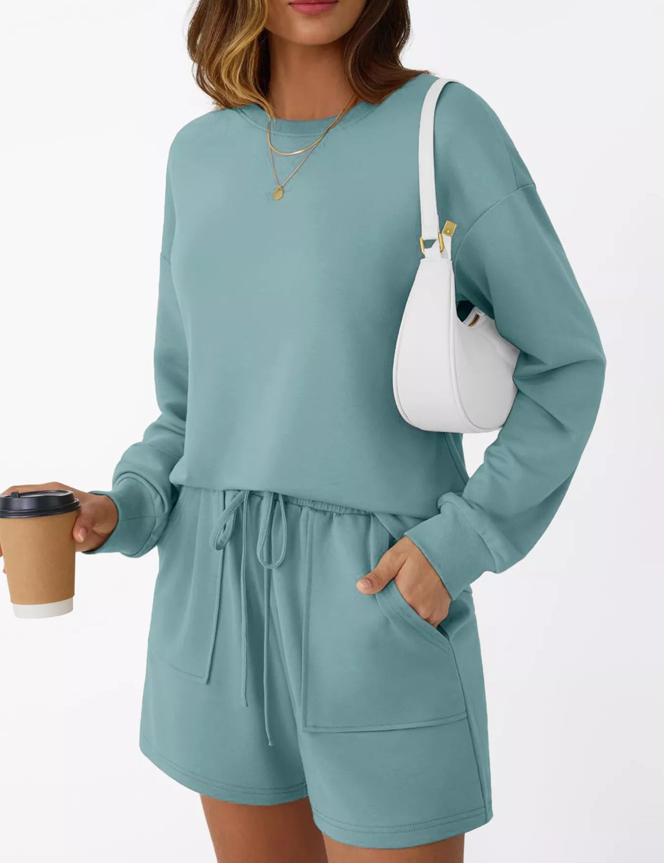 Round Neck Long Sleeve Top and Shorts Set | Loungewear Sets Daverri Fashions