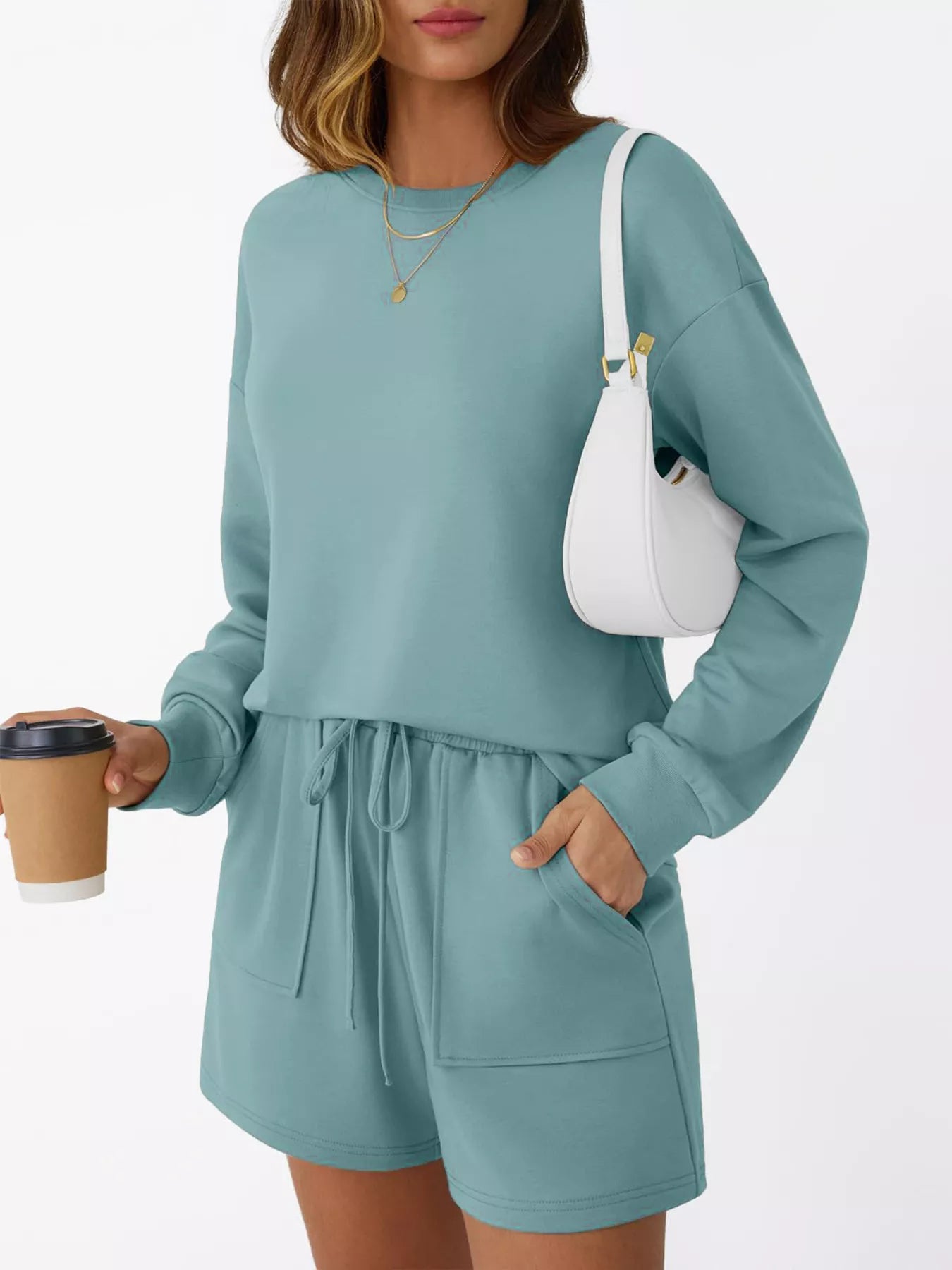 Round Neck Long Sleeve Top and Shorts Set | Loungewear Sets Daverri Fashions