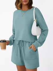 Round Neck Long Sleeve Top and Shorts Set | Loungewear Sets Daverri Fashions