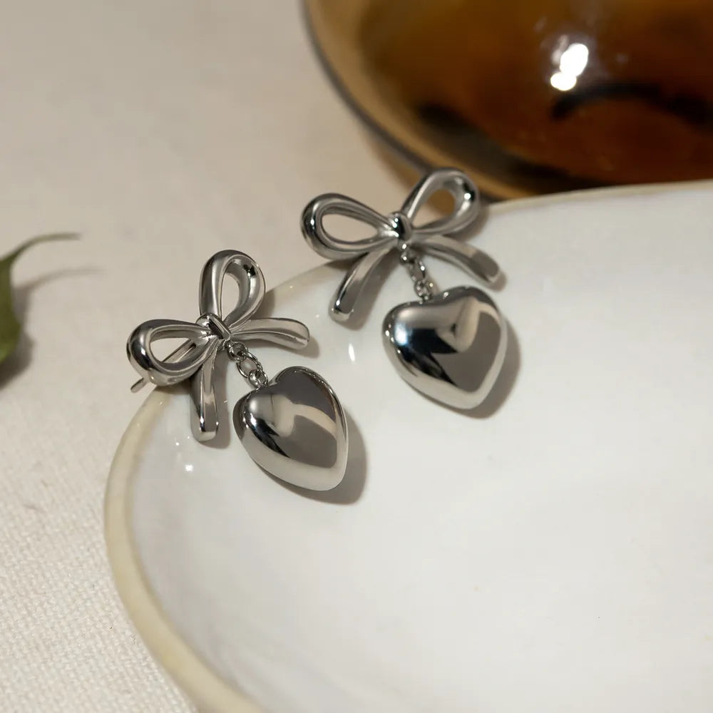 Stainless Steel Bow & Heart Drop Earrings | Earrings Daverri Fashions
