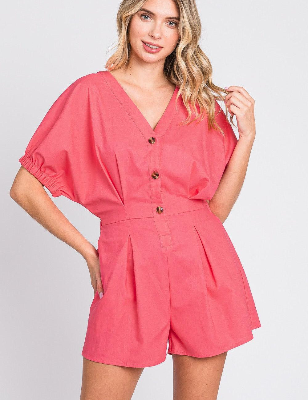Pink GeeGee Half Button V-Neck Linen Romper | Rompers Daverri Fashions