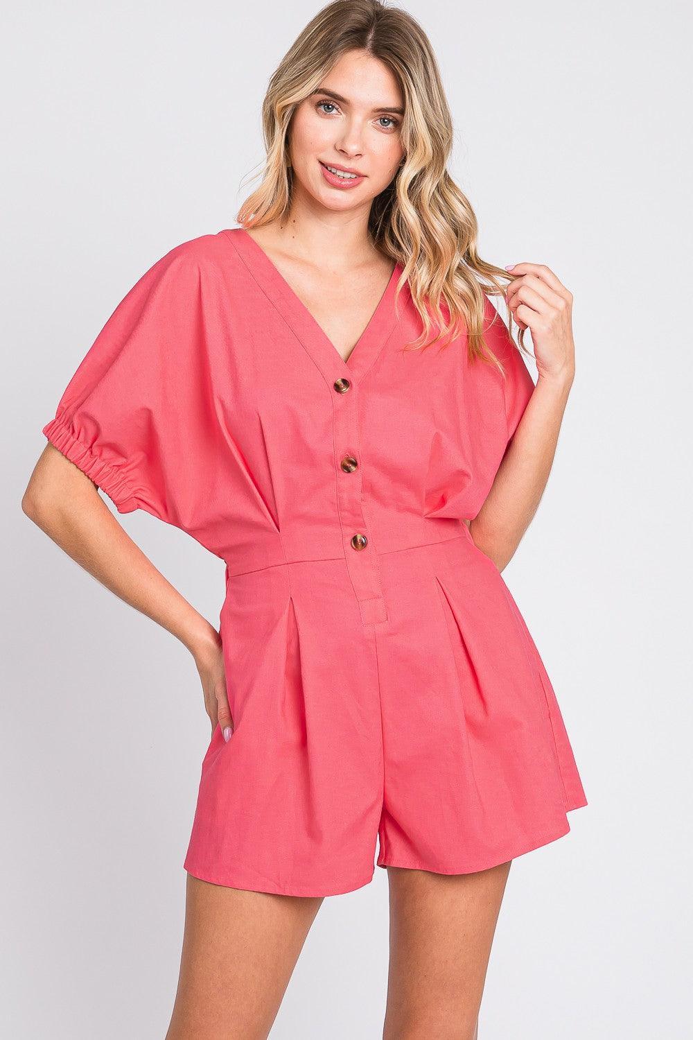 Pink GeeGee Half Button V-Neck Linen Romper | Rompers Daverri Fashions
