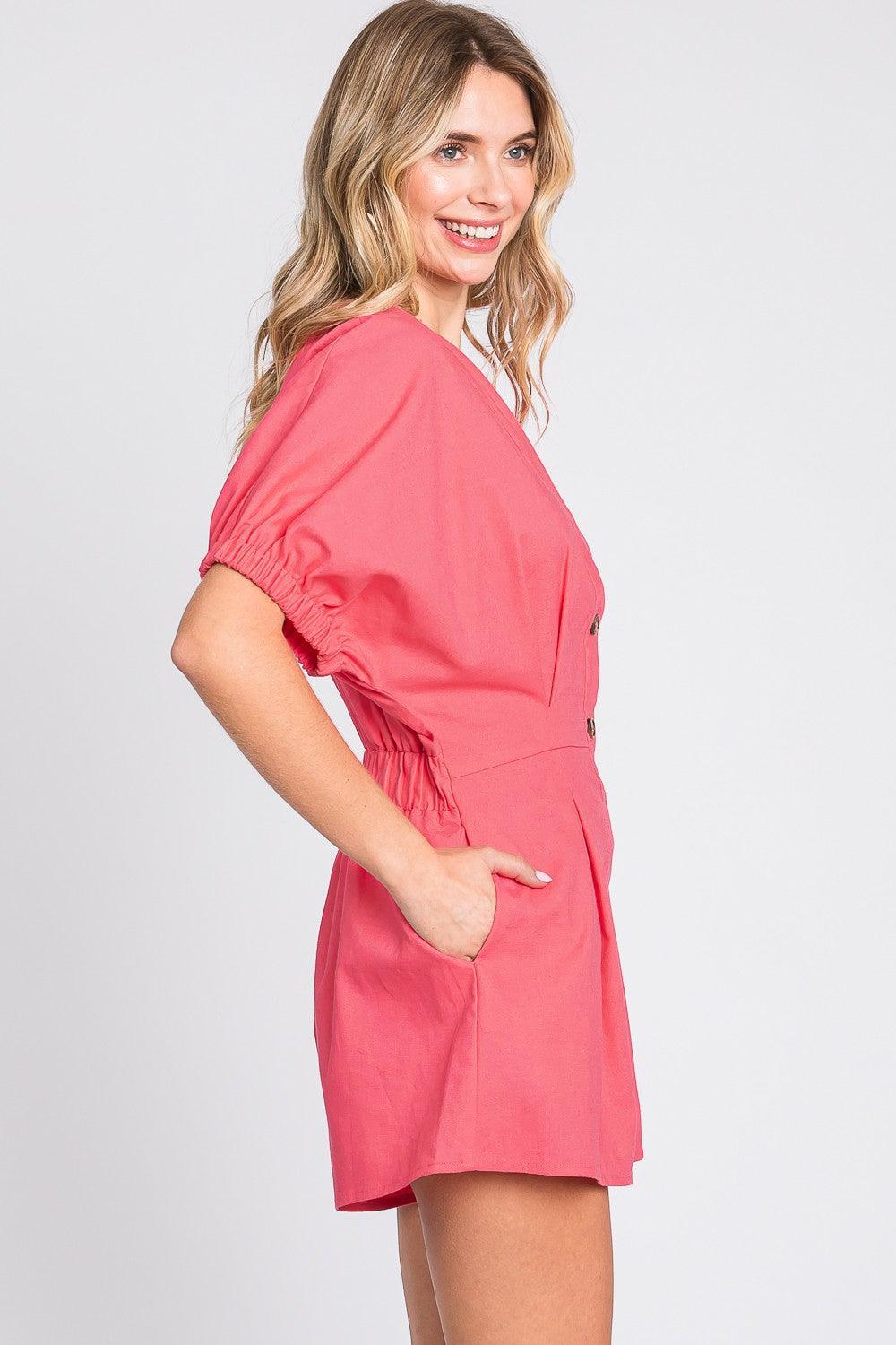 GeeGee Half Button V-Neck Linen Romper | Rompers Daverri Fashions