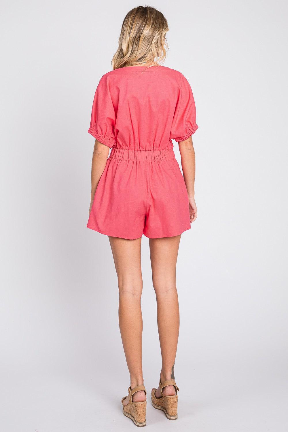 GeeGee Half Button V-Neck Linen Romper | Rompers Daverri Fashions