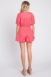 GeeGee Half Button V-Neck Linen Romper | Rompers Daverri Fashions