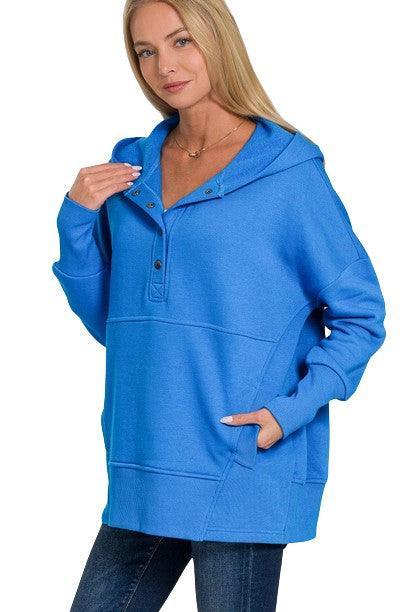 Ocean Blue Half Snap Loose Fit Hooded Pullover | Sweatshirts Daverri Fashions