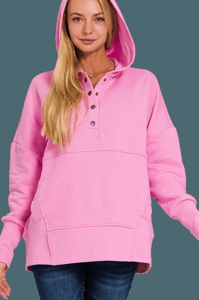 Half Snap Loose Fit Hooded Pullover | Sweatshirts Daverri Fashions